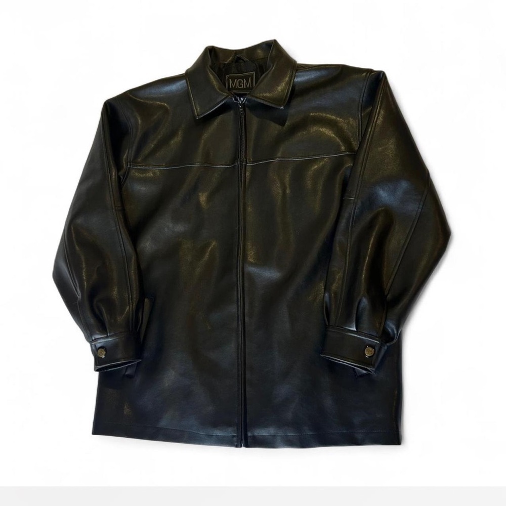 Black Classic Zip Up Leather Jacket Oversized Men's Medium Vintage | MGM